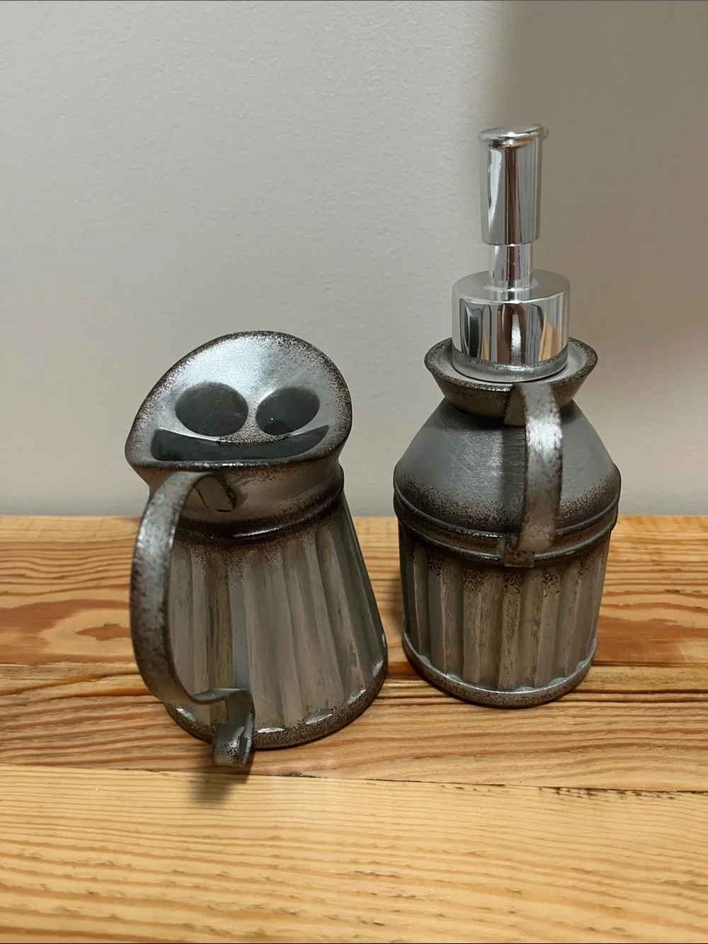 Farmhouse Rustic Gray Metal Soap Dispenser and Toothbrush Holder Set